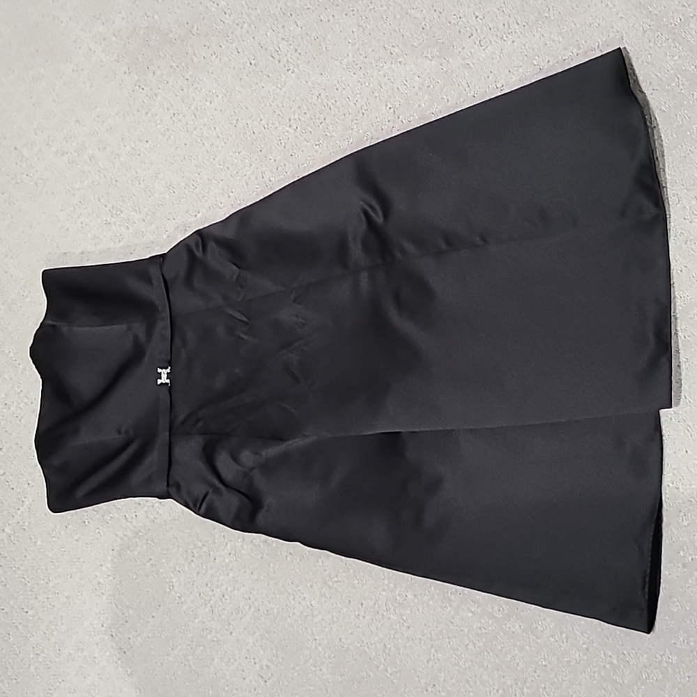 Tea-length black strapless bridesmaid dress
